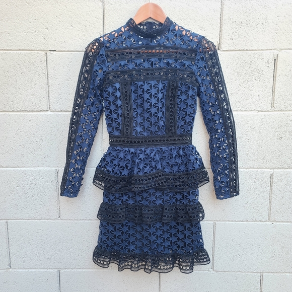 Self Portrait | High Neck Star Lace Panelled Dress in Navy Blue Black Size 0 - Picture 3 of 10